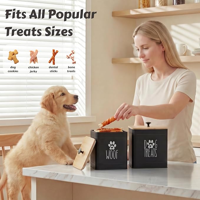 PERFNIQUE Dog Treat Container, Airtight Dog Treat Jar Set of 2, Dog Cookie Jar for kitchen Counter, Pet Treat Container, Dog Treat Canister and Storage, 7.8x6.2 & 7.3x5.5(Black)