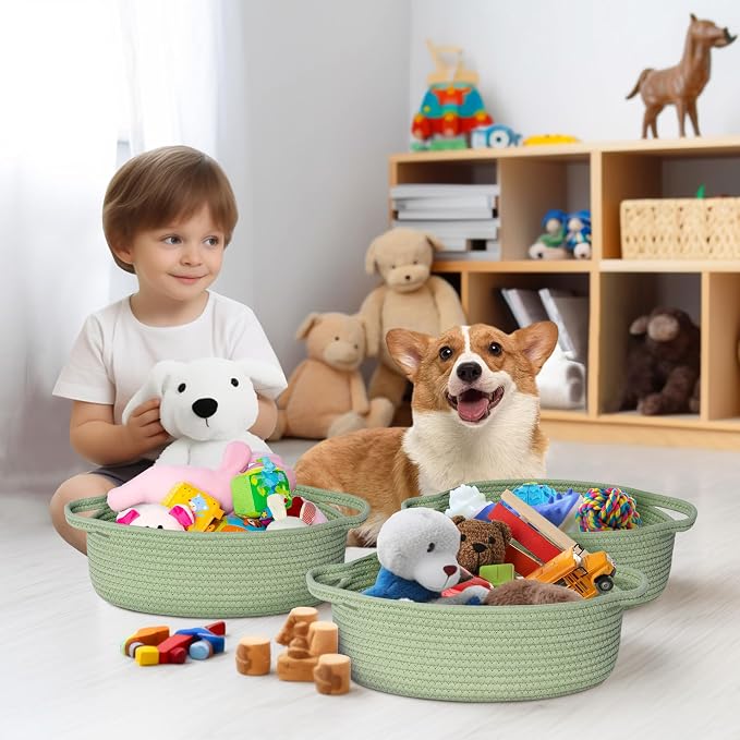 Basket for Gifts Empty, 13"x 9"x 5" Small Green Woven Rope Bin, Gift Basket Empty, Kids Dog Cat Toy Bin Box, Cute Baby Nursery Organizer, Decorative Storage with Handles, Green Room Decor
