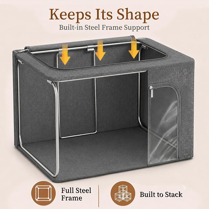 GoMaihe Clothes Storage Bins with Metal Frame for Blanket 3 Pack 66L Grey | Closet Top Shelf Linen Closet, Winter Clothing Bedding Comforters, 3 Side Access Stackable Collapse-Proof See Through Window