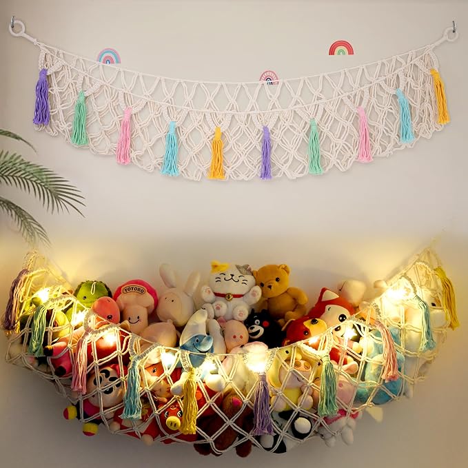 Stuffed Animal Net or Hammock, Large Stuffed Animal Storage Macrame Toy Hammock Hanging Corner Net for Stuffed Animals, Plushie Net Hammock with Star Lights for Boho Kids Room Nursery Playroom Decor