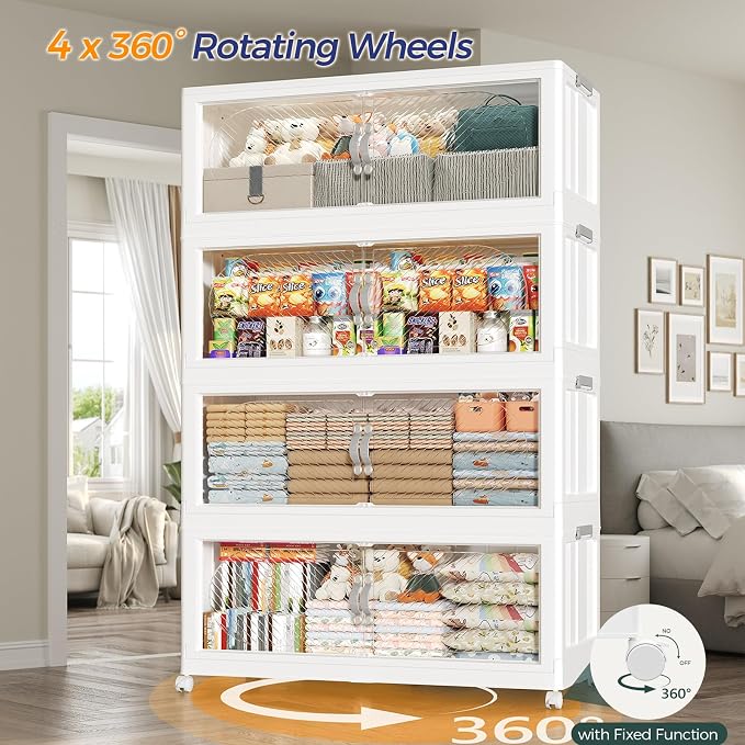 60GAL Plastic Storage Bins with Lid, 240QT Extra Large Stackable Closet Organizers and Storage, Collapsible Storage Boxes with Wheels, Folding Cabinet for Home Kitchen Office, 4Pack White