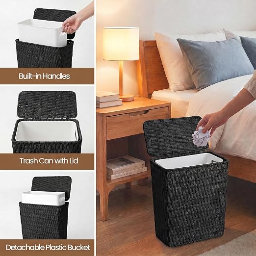 Wicker Trash Can,3 Gallon Bathroom Trash Can with Lid,Handwoven Paper Rope Rattan Waste Basket with Removable Liner and Built-in Handles for Bedroom,Toilet,Narrow Spaces,Black