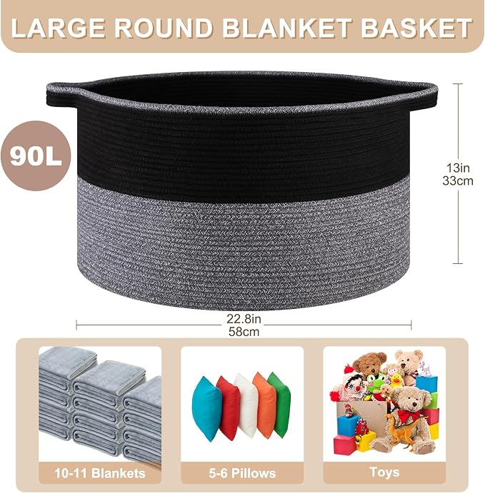 OIASKET Large Blanket Basket with Handles, 22.8" x 22.8" x 13" Woven Storage Basket for Living Room, Cotton Rope Baby Toy Storage for Clothes, Pillows, Towels-Black and Grey