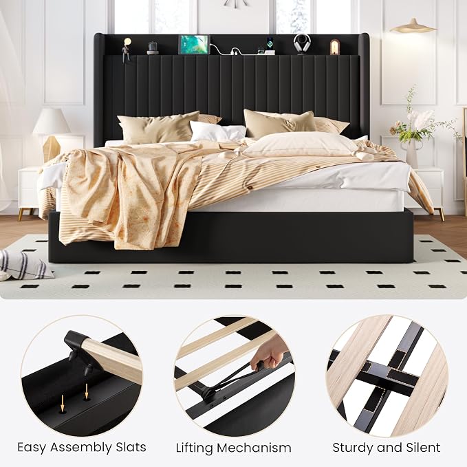 SHA CERLIN King Size Lift Up Storage Bed Frame, Charging Station, Black | Storage Headboard with Charging Station, USB, Type-C Port Velvet Hydraulic Storage Bed No Box Spring Needed Noise Free