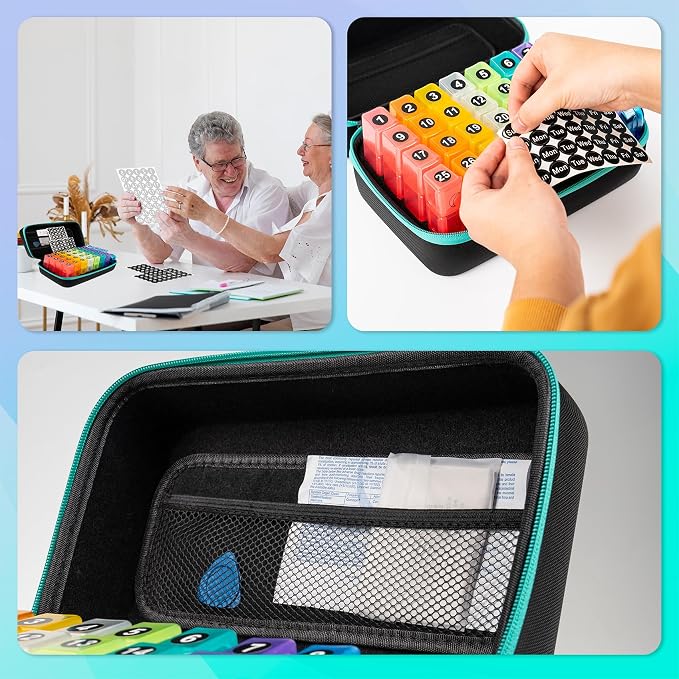 Monthly Pill Organizer, Medicine Organizer Box with Portable Hard Shell and Pill Cutter, 31 Day Pill Holder with Weekly Pill Bag (Green, 3 Times a Day)