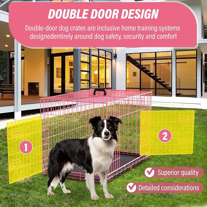 Dog Crate 36" Metal Wire Dog Cage Double Door Folding Dog Kennel with Divider Panel, Leak-Proof Plastic Pan, Foldable Travel Pet Crate for Small Medium Breed Dogs Animals,Pink