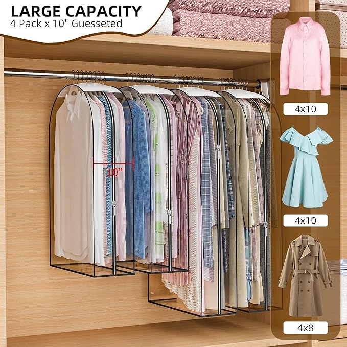 Clear Garment Bags for Hanging Clothes, 4-Pack, 2x32"+2x40" | Upgraded thickened clear garment bags with 10" gusset for closet storage of shirts, coats, dresses