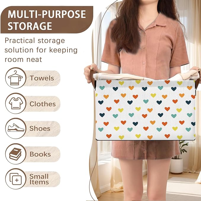 Colorful Heart Pattern Collapsible Storage Box - 17x11.5x10.5 Inch Foldable Organizer for Kids Room, Seasonal Decor - Space-Saving Single Pack