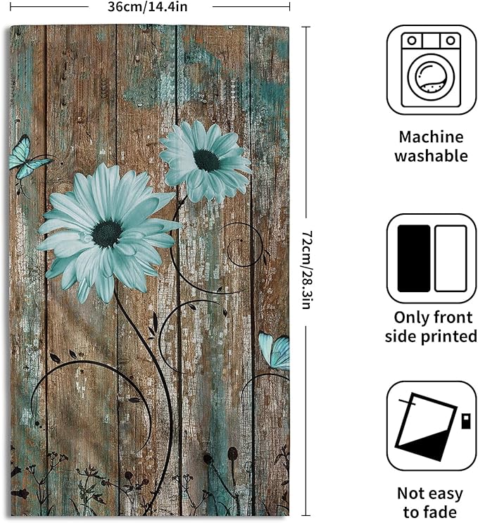 Giwawa Rustic Barn Sunflower Wooden Hand Towel 15x30 Set of 2, Fall Teal Daisy Flower Plank Fingertip Towel Retro Board Face Towel Country Barnwood Washcloth for Bathroom Farmhouse Log Cabin