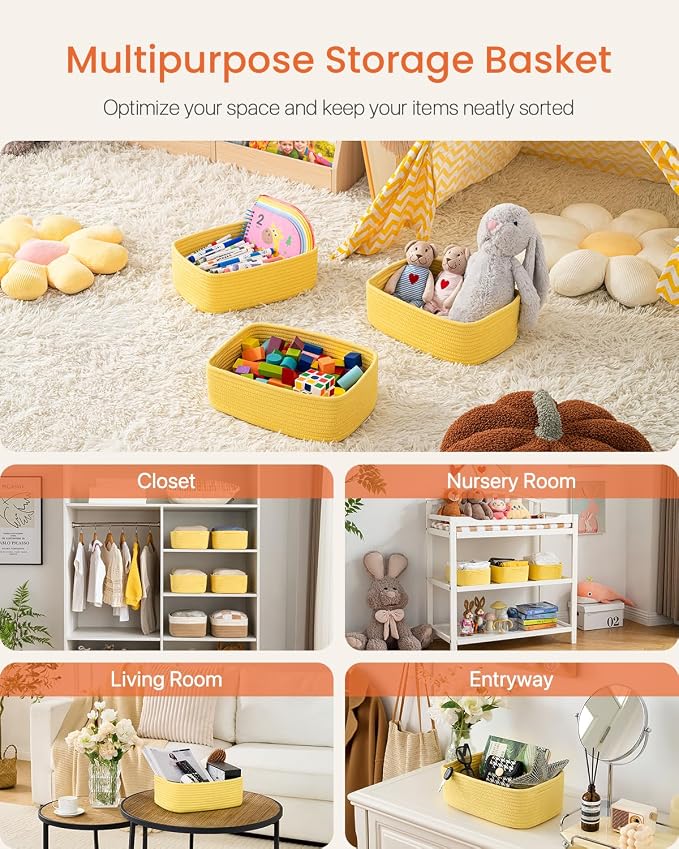 KALLAX Small Woven Storage Basket for Organizing, 12 x 8 x 4.5 inch, 3 Pack | Shelf baskets for closet organization, toy storage and home decor, Perfect as empty gift baskets for holidays, Yellow