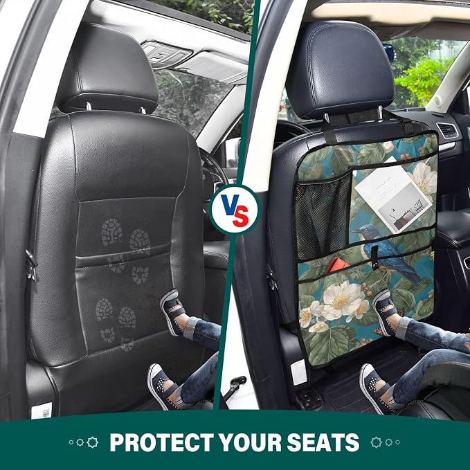 1 Pack Back Seat Car Organizer with Storage Pockets Kick Mats Back Seat Protector Hanging Car Organizer Automotive Seat Back Cover Organizers Vintage Blue Bird Flowers Butterflies