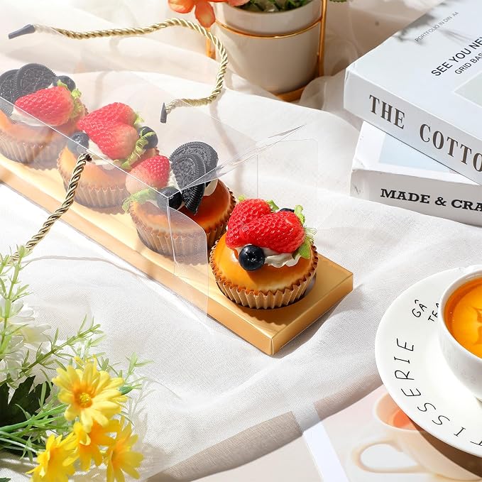 Thenshop 24 Pcs Mother's Day Cupcake Boxes Mother's Day Treat Boxes Clear Cupcake Box with Handle 4 Bakery Cake Box Rectangular Cake Containers for Donuts Pastries Best Mom Gift(Gold)