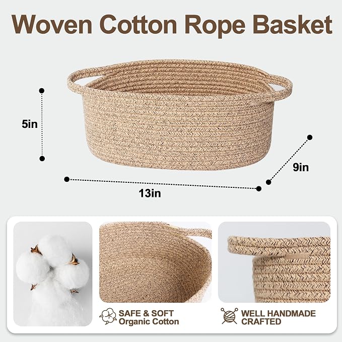 Small Brown Woven Basket, 13"x 9"x 5" Gift Basket Empty, Cotton Rope Kid Dog Cat Toy Bin Box, Cute Oval Baby Nursery Easter Organizer, Decorative Wicker Look Storage, Brown Living Room Decor