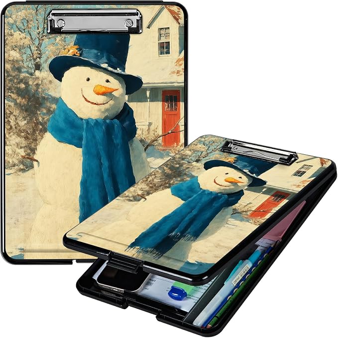 Heavy Duty Storage Clipboard, Slim Nursing Clipboard with Internal Pen Case, Portable File Organizer Case for A4 Letter Size Paper Office Medical Professionals, Blue Towel Snowman