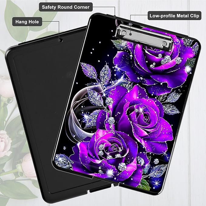 Purple Rose 01 A4 Clipboard with Storage Pen Holder, Clipboards Organizer Nursing Clipboard Foldable File Folder Plastic Clipboard Folio Clip Board for Office Students Classroom Doctor