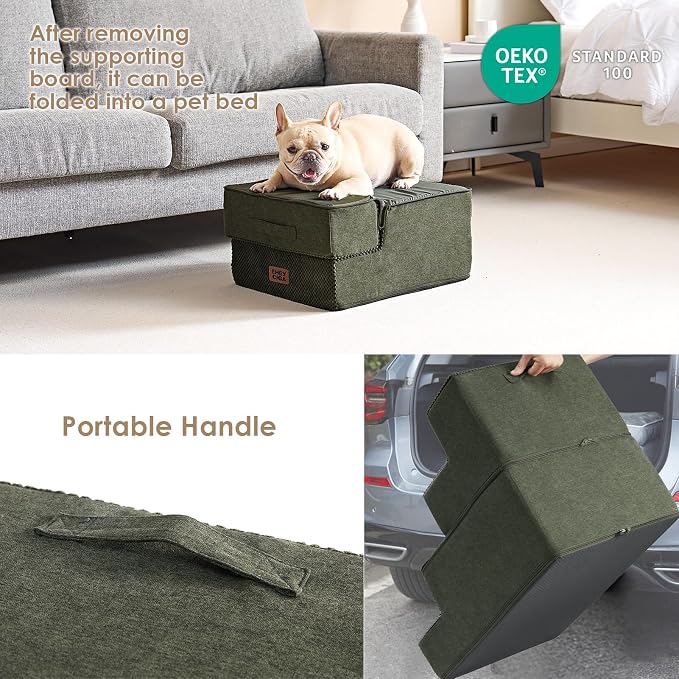 EHEYCIGA Dog Stairs for Small Dogs 13.5" H, 3-Step Dog Steps for Cats, Military Green