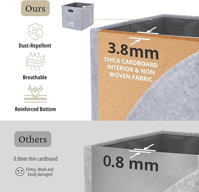 DECOMOMO Felt Storage Bins, 11 inch Cube Storage Bin with Labels | 6 Pack Storage Baskets for Shelves, Kallax (Light Grey)