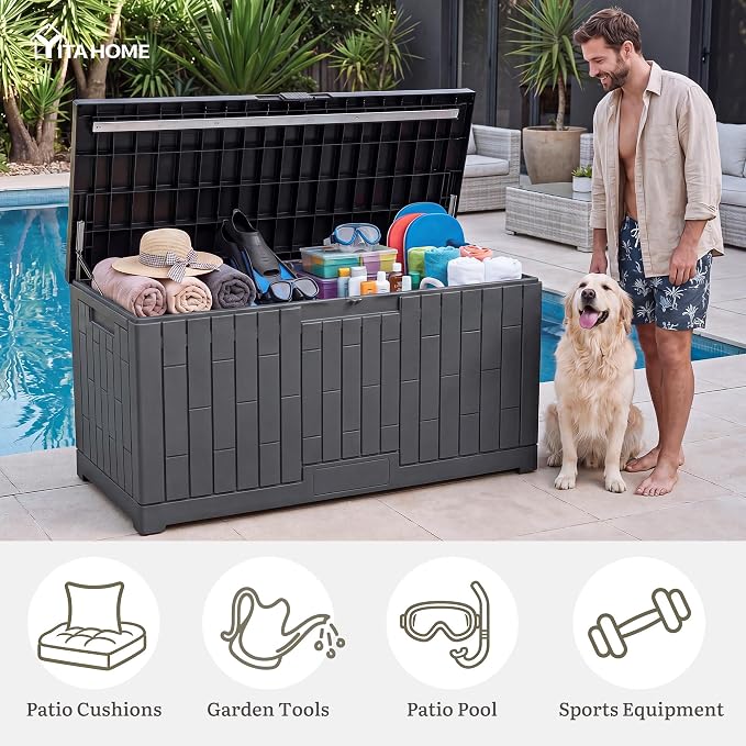 YITAHOME Large Deck Box 120 Gallon Resin Outdoor Storage Box | Patio Storage Bin Bench Seat for Outdoor Pillows, Garden Tools and Pool Supplies, Waterproof Lockable, Dark Gray