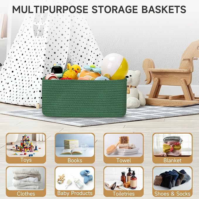 3 Pack Storage Baskets for Organizing, 13.7×9.5×6.3", Green | Woven Baskets for Shelves, Cotton Rope Basket for Gifts Empty, Closet Organizer Bins with Handles, Cube Decorative Box