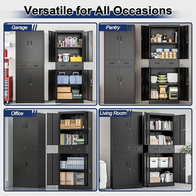 BESFUR Metal Storage Cabinet with a Drawer 4 Doors and 2 Adjustable Shelves Garage Storage Cabinet with Lock 71" Office Storage Cabinets Locking Cabinets for Garage Office Shop Home (Black)