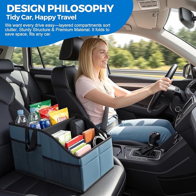 WHHMK Sturdy Leather Car Storage Support Up to 33 LB of Weight, Blue | Car Backseat Organizers, Front Seat Organizer, Floor Organizer and Storage Used for SUV Truck Toy Snack Water Bottle Holder