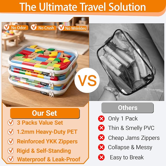 YQBRAO Clear Hard Shell Zipper Cases, 3 Large Travel Organizers, White | Rigid 1.2 mm PET and YKK dual zippers for full-size toiletries, makeup palettes, electronics and craft supplies