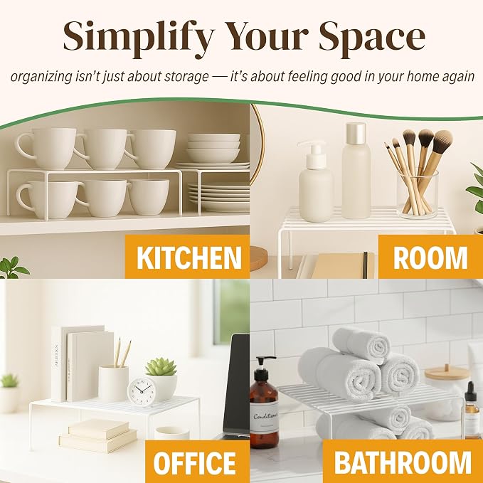 Evelots Wire Shelf Organizer Set, Metal Cabinet Shelf Risers, 6-Pack, White | 6-Pack rustproof metal wire shelf organizers create extra storage space in kitchen cabinets, pantries, freezers and bathrooms