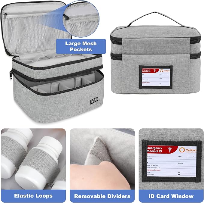 LEFOR·Z Medicine Storage Bag,Double Layers Pill Bottle Organizer Bag Empty | Medical Supplies Bag with Lockable Zipper & Adjustable Divider,Medication Travel Carrying Bag for Pills,Vitamins,Grey
