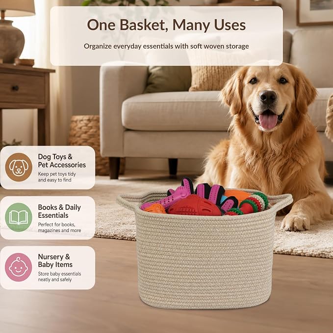XUANGUO Woven Cotton Rope Storage Basket with Handles 13x10x9 inch Oatmeal | Woven cotton rope basket for shelves and closets. Perfect for toys, books, clothes, nursery storage and gift baskets