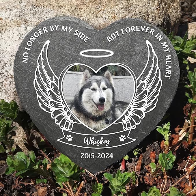 Wrappiness Pet Memorial Stone - No Longer by My Side Forever in My Heart, Personalized Dog Memorial Gifts, Remembrance Condolences Bereavement Gifts for Loss of Pet Custom Photo (Heart 04, Stone)