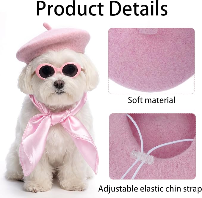 Dog Beret Set Including Dog Beret Satin Scarf Funny Glasses Pet French Artist Beanie for Small Dogs Cats Halloween Christmas Cosplay Party(Pink)