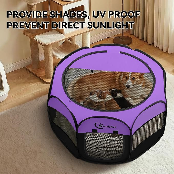 Siedihit Dog Playpen, Puppy Pet Playpen, Dog Crate Tent Cage Indoor | Outdoor, Portable Pop Up Dogs Kennel Playpen with Carrying Case for Dogs/Cats/Rabbits, Purple, Medium