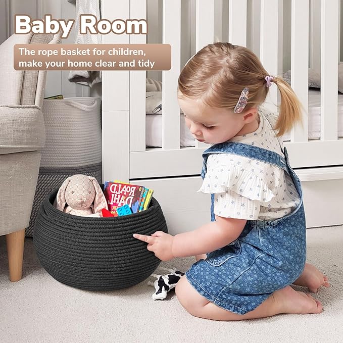 Goodpick Round Woven Rope Storage Basket for Shelves, 10" x 8.3", Black | Decotative Small Basket for Toy Storage, Baby Gift Basket with Handles, Fits Living Roon & Nursery Décor, Plant Baskets