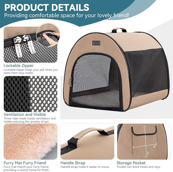 PETSFIT Portable Dog Crate, Travel Dog Crate - 19 Inch Lightweight, Roomy, Easy to Set Up, Sturdy Collapsible Dog Kennel with Thick Mat, Khaki