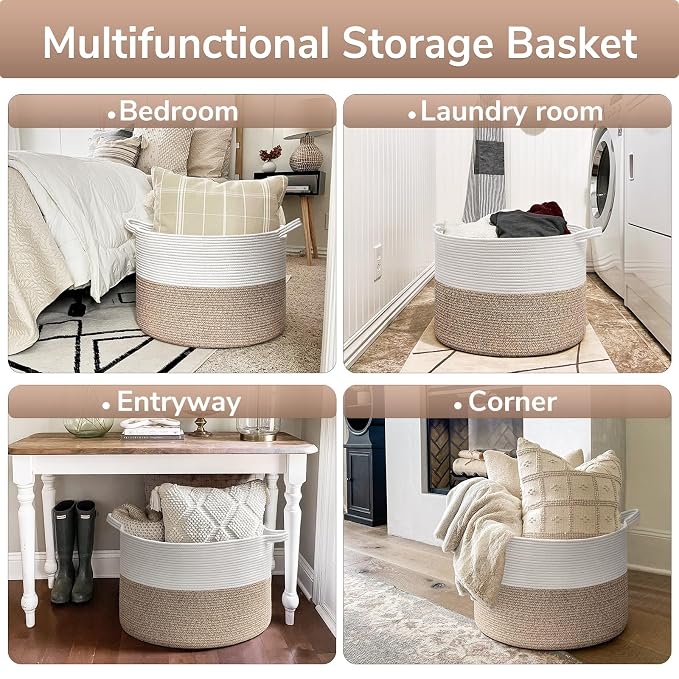 Goodpick Large Woven Basket for Blankets Fit Nursery & Living Room, 85L | 21.7 x 21.7 x 13.8 In Storage Basket for Toys Shoes, Cute Baby Laundry Hamper for Towels, Clothes, Light Brown