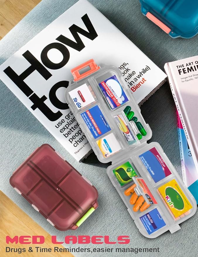3 Pcs DIY Travel Pill Organizer with Labels Pocket Pharmacy, 3 Pill Box & 420 Medicine Labels, Portable Travel Essentials Mini Pill Container 7 Day Pill Case Storage Vitamin Fish Oil (Set B)