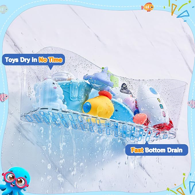 Antimbee Clear Bath Toy Storage 2 Pack, Large Bath Toy Holder (2 US Gal) | No Stains, Quick Dry, Adhesive Mount, Easy Scoop, Visibility, BPA-Free Bath Toy Organizer, Shower Caddy for Bathtub, Bathroom