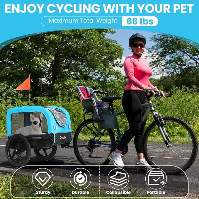 Dog Bike Trailer, Dog Cart for Bicycle, Suitable for Small and Medium Pets, Easy Folding Cart Frame, Quick Release Wheel, Non-Slip Floor, Internal Leash, 66LBS