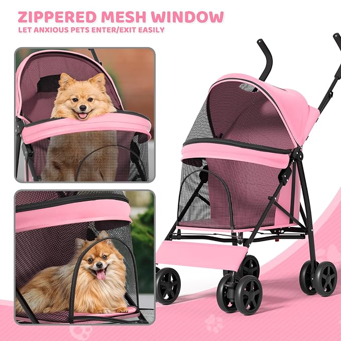 Magshion Compact Fold Pet Travel Stroller for Small Dogs Cats, Pink | Up to 22lbs, 4-Wheel Lightweight Umbrella Shaped Design, Safety Tethers, Breathable Mesh, Cup Holder & Rear Storage