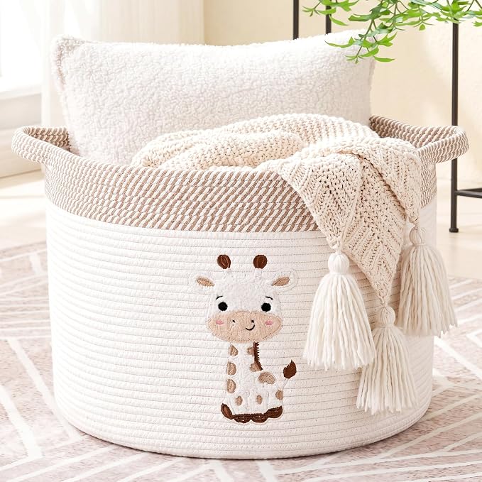 LemonRoad Extra Large Basket 20"x14", Woven Basket for Laundry Blanket Toy Box with Handle Storage, Blanket Storage for Living Room Nursery Pillows Chest(Cotton Rope,Giraffe,Brown White)