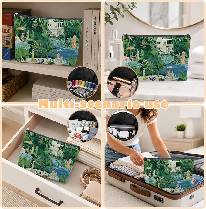 Green Summer Tropical Beach Empty Mahjong Tile Bag 13x7.8 Inch, | Palm Tree Printed Portable Travel Case Organizer Zipper Pouch for American Mahjong Tiles Game Night Accessories and Gifts