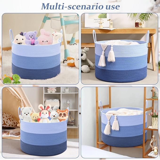 67L Large Woven Blanket Basket, Cotton Rope Baby Laundry Hamper with Handles, Kids Toy Basket for Classroom & Nursery, Soft Round Stuffed Animal Storage, Dog Toy Bin - 20"x13", Blue
