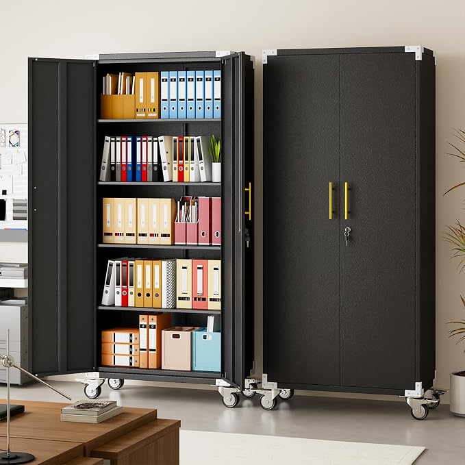 pozdeg 71" Tall Metal Rolling Garage Storage Cabinet with Lock & Wheels ﻿