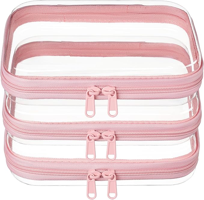 3-PCS Medium Clear Hard Shell Zipper Pouches, Clear Zipper Bags (3M, Pink) | Hard Case Pouches for Purse & Diaper Bag Organizer, Travel Essentials, Clear Storage Bags, and Travel Zipper Container