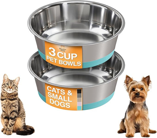 Neater Pet Brands Stainless Steel Dog Bowls with Non-Slip Rubber Bottom – 3 Cup (24 oz), Teal - Set of 2 Heavy Duty Metal Dog Bowls, Dishwasher Safe, Food or Water Bowl, Ideal for Small to Medium Dogs