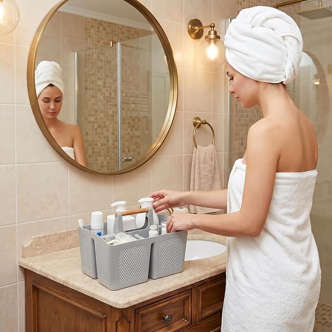 Haundry Plastic Light Gray Shower Caddy Basket with 3 Compartments, Portable Divided Bathroom Cleaning Caddy Organizer Storage Tote with Handle for Dorm, College, Room Essentials