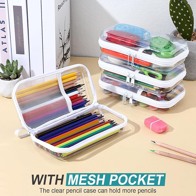 Sanwuta 4 Pcs Clear Hard Shell Zipper Case Clear Travel Pouches Bulk Plastic Portable Travel Organizer Bin with Mesh Pocket Toiletry Pouch Cosmetics Makeup Bag Snack Toiletry Bag(White)
