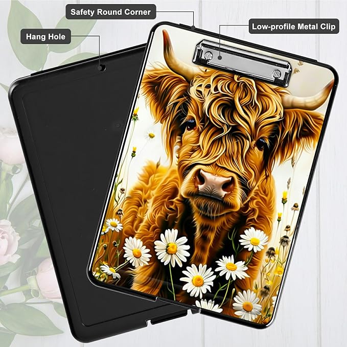 Flower Yellow Cow A4 Clipboard with Storage Pen Holder, Clipboards Organizer Nursing Clipboard Foldable File Folder Plastic Clipboard Folio Clip Board for Office Students Classroom Doctor