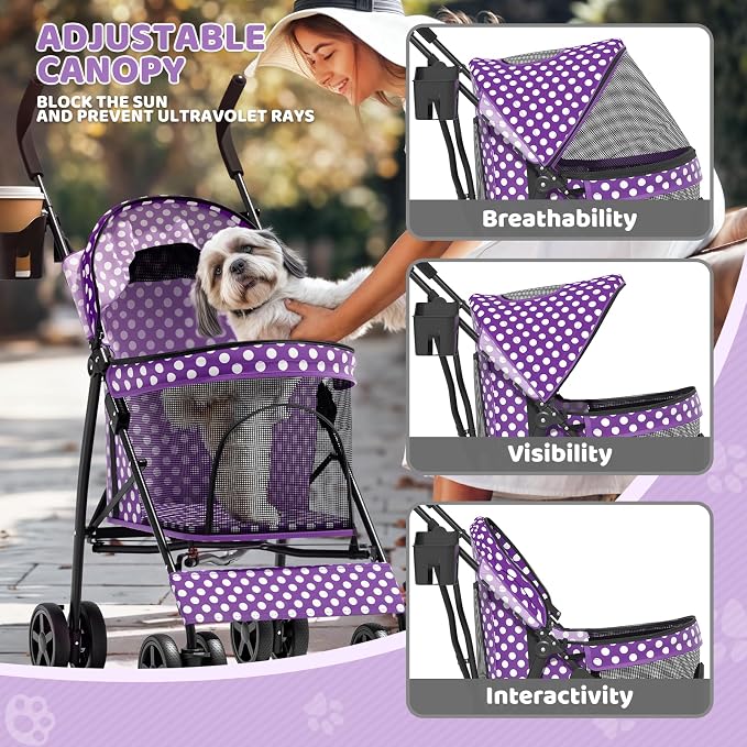 Magshion Compact Fold Pet Travel Stroller for Small Dogs Cats, Purple | Up to 22lbs, 4-Wheel Lightweight Umbrella Shaped Design, Safety Tethers, Breathable Mesh, Cup Holder & Rear Storage