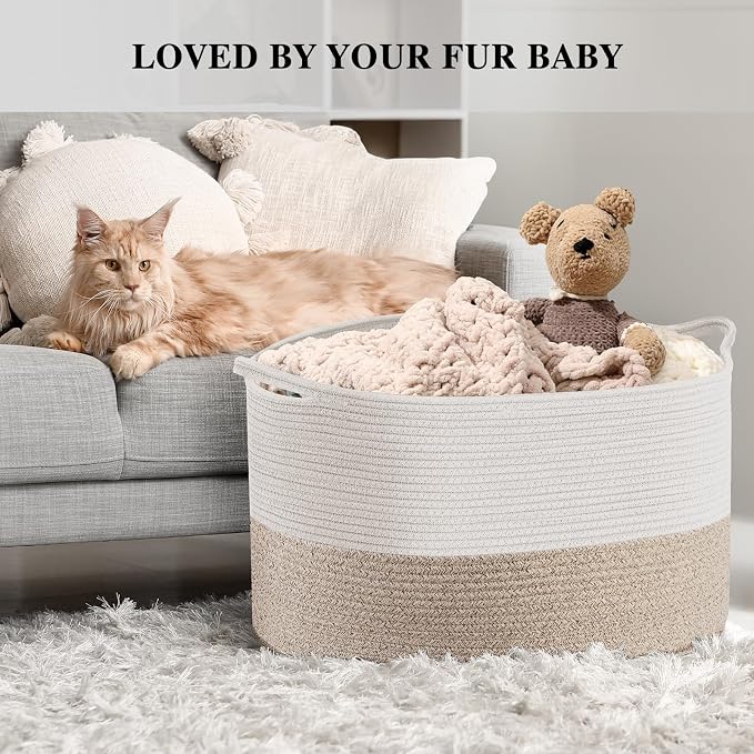 Maliton Woven Rope Blanket Basket Living Room, Storage Basket for Toy, 90L | 22"x14" Cotton Rope Basket. Holds blankets, Toys & Towels & Laundry. For Bedroom, Nursery, Bath & Playroom. Soft & Durable
